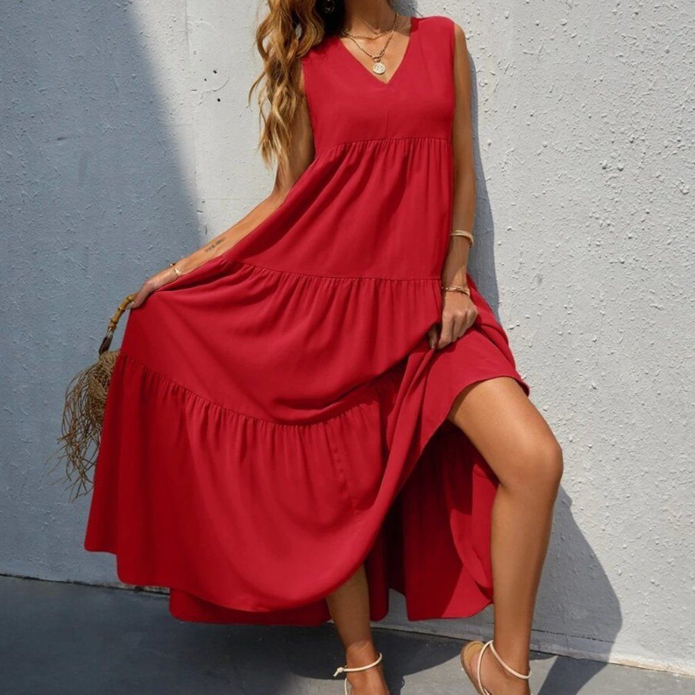 Sleeveless Red Maxi Dress with V-Neck